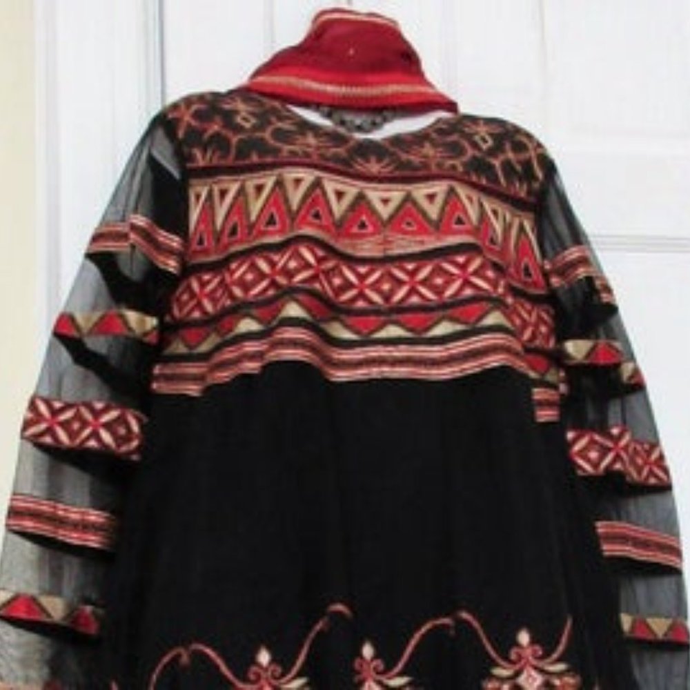 Black Tunic with Red and Gold Embroidered Geometric Detail